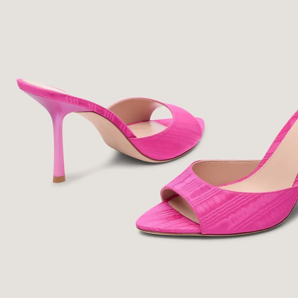 Fuchsia Fabric Slip On Open Toe Stiletto Heel Slide Sandals