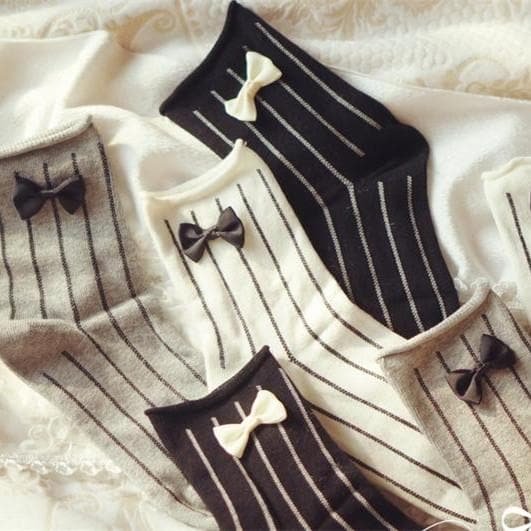 White/Black/Grey Little Bow Stripes Socks SP164917R