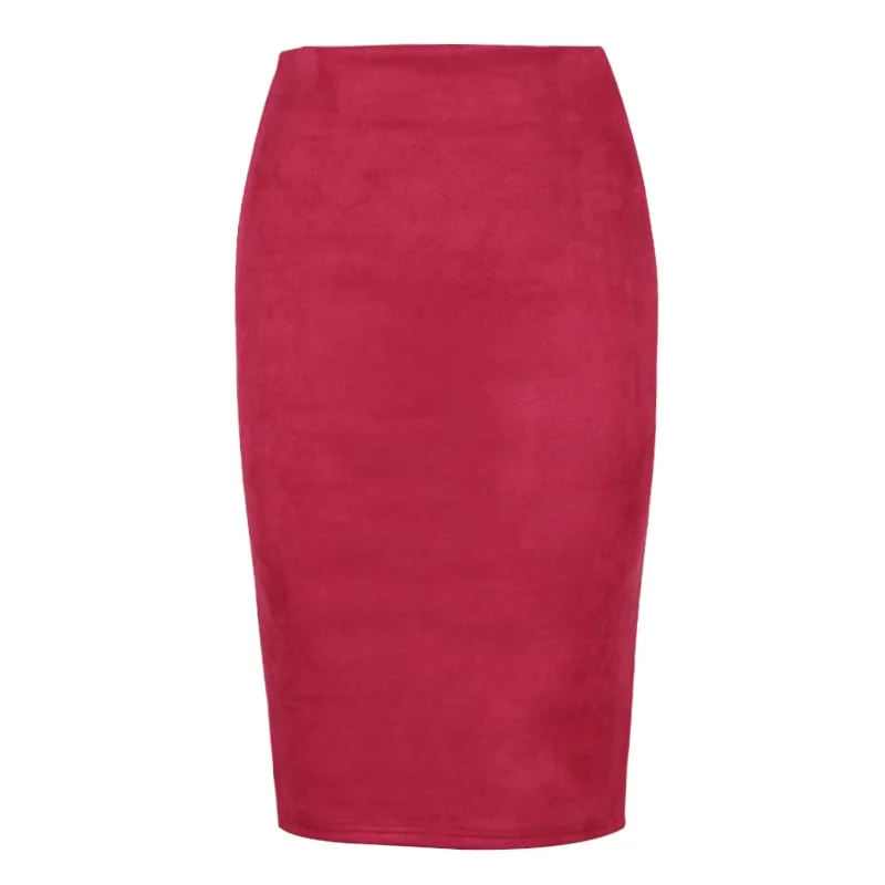 Sexy Multi Color Suede Midi Pencil Skirt Women 2021 Fashion Elastic High Waist Office Lady Bodycon Skirts Saias