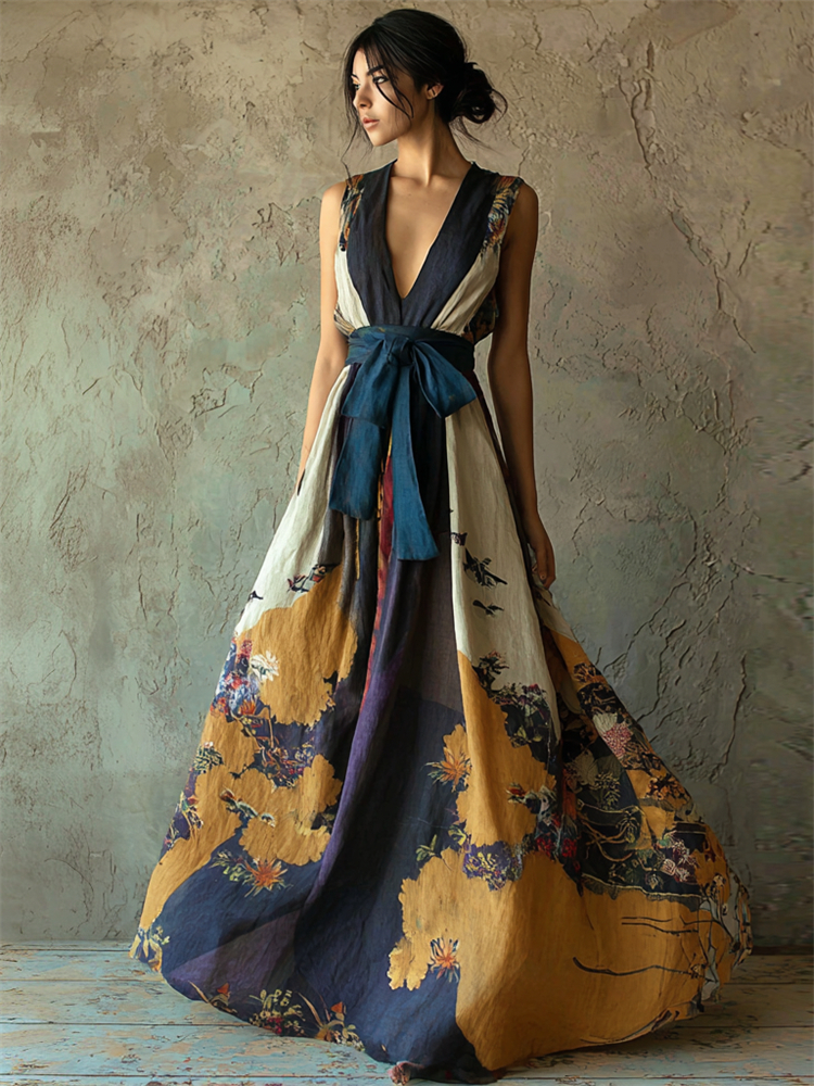 Japanese Floral Art Flowy Tied Linen Maxi Dress wearshes