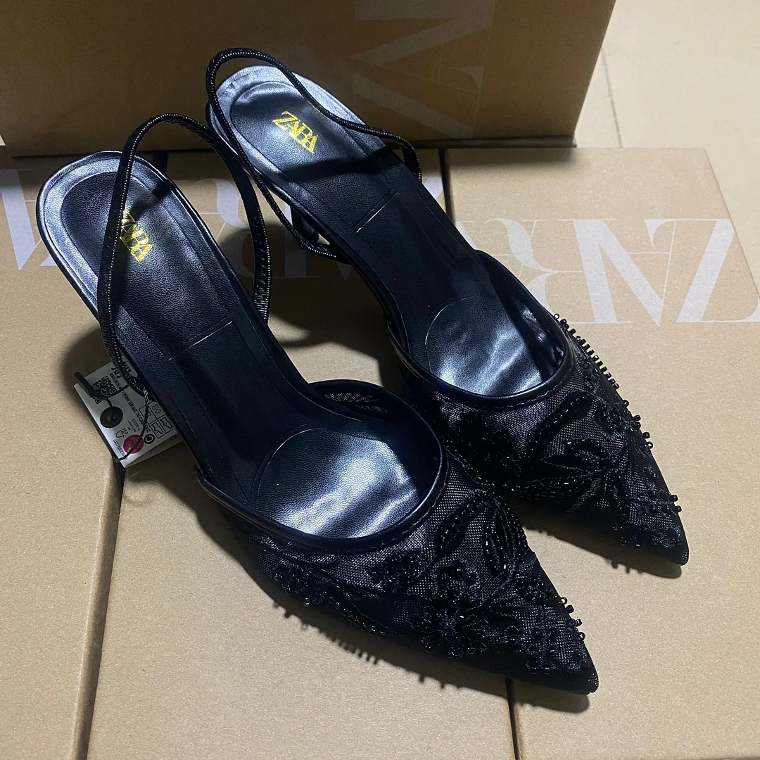 Breakj Breakj Autumn New Stumbling Temperament Fine Heel Shoes Tip Embroidery Bead Mesh Sandals