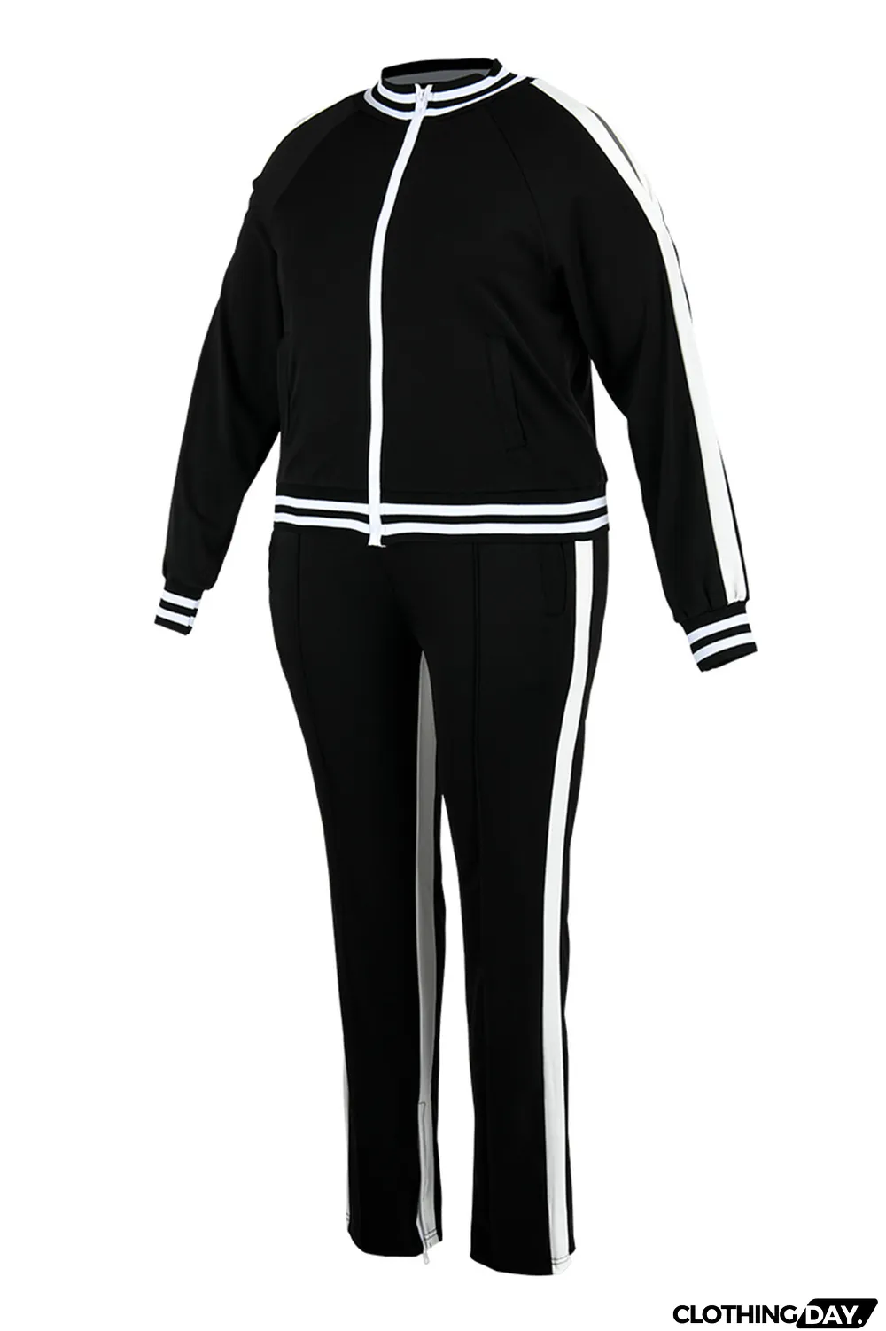 Black Fashion Casual Sportswear Zipper Collar Long Sleeve Regular Sleeve Patchwork Plus Size Set