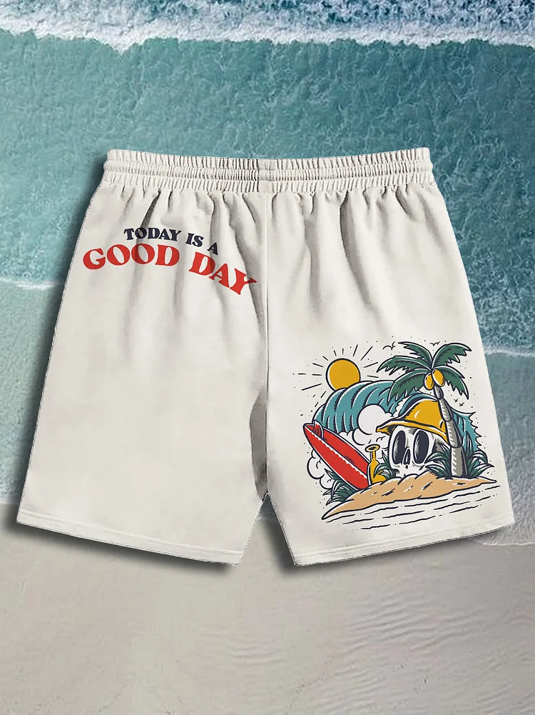 Men's Today Is A Good Day Illustration Print Casual Cotton Shorts