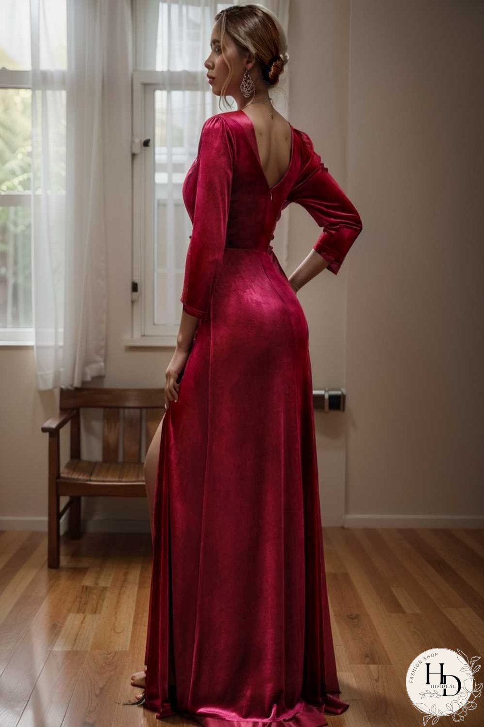 velvet 3 4 length sleeve illusion v neck front slit evening dress