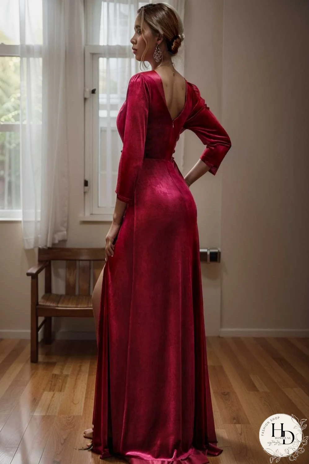 velvet 3 4 length sleeve illusion v neck front slit evening dress