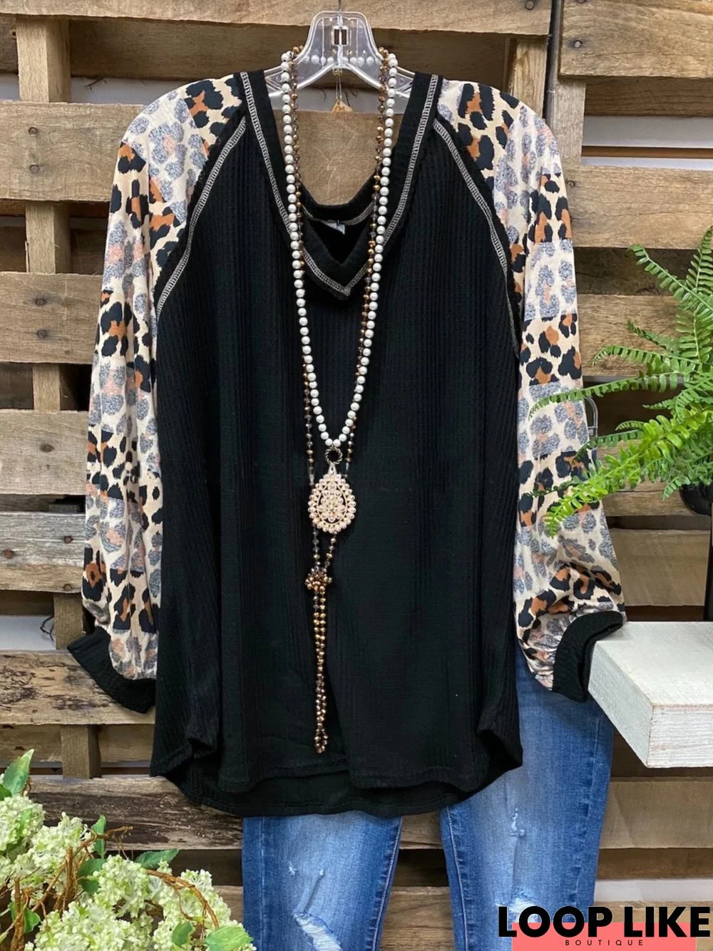 Leopard Casual Cotton-Blend V Neck Tunic Sweatshirt