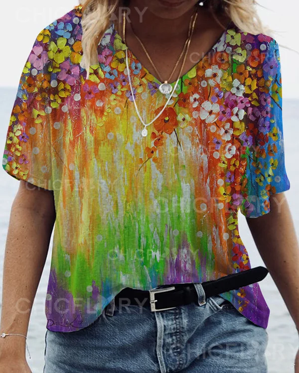 Casual V-Neck Floral Short Sleeve Top