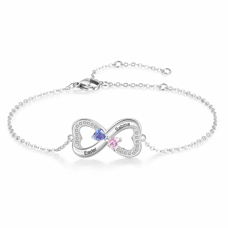 Bracelet en argent 925 2 Prénom Personnalisé avec 2 Pierre de Naissance Jessemade FR