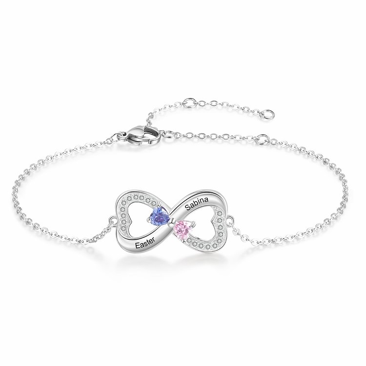 925 Sterling Silver Personalized Heart Bracelet Engraved with 2 Birthstone and 2 Name