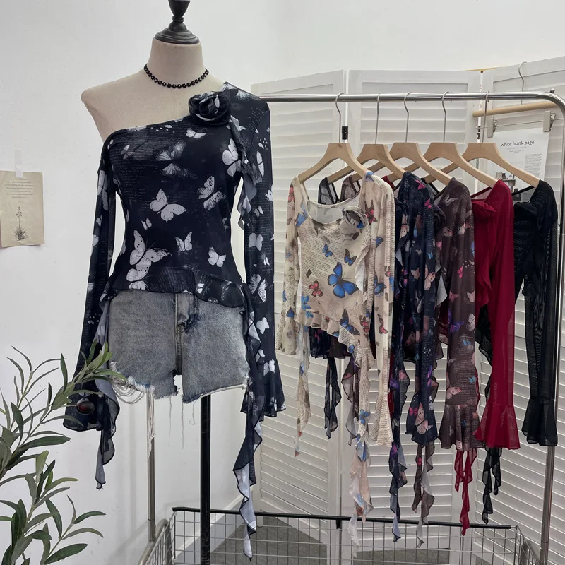 Uveng Tie Dyed Elastic Mesh Oblique Shoulder Irregular Horn Long-Sleeved T-Shirt Flower Short Floated Female 9932