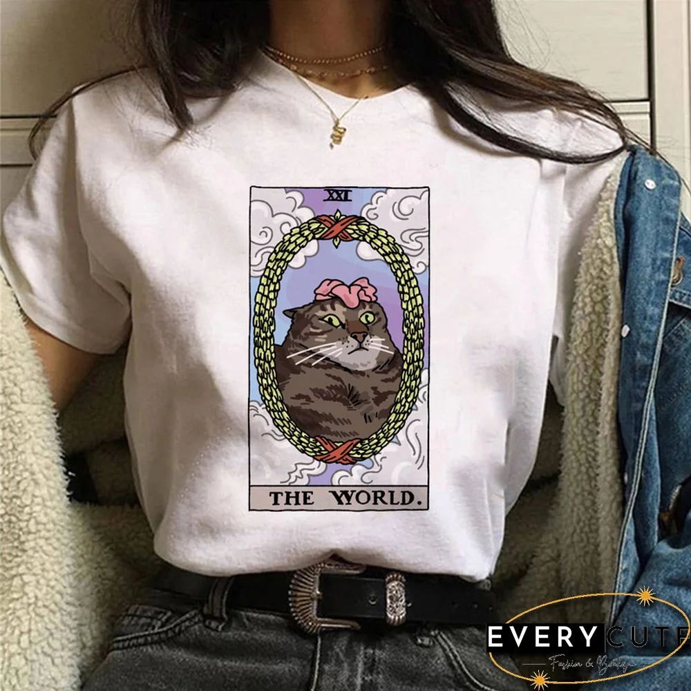 Women Tarot Cat Print Tshirt 90s Tshirt Trend Cartoon Summer Fashion Print Short Sleeve Lovely Clothes Tops Tees Tshirt T-Shirt