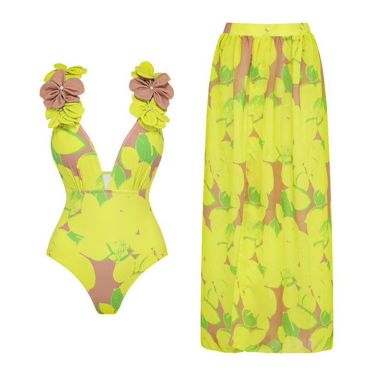 Deep V 3D Flower Decor Lemon Print One Piece Swimsuit and Skirt