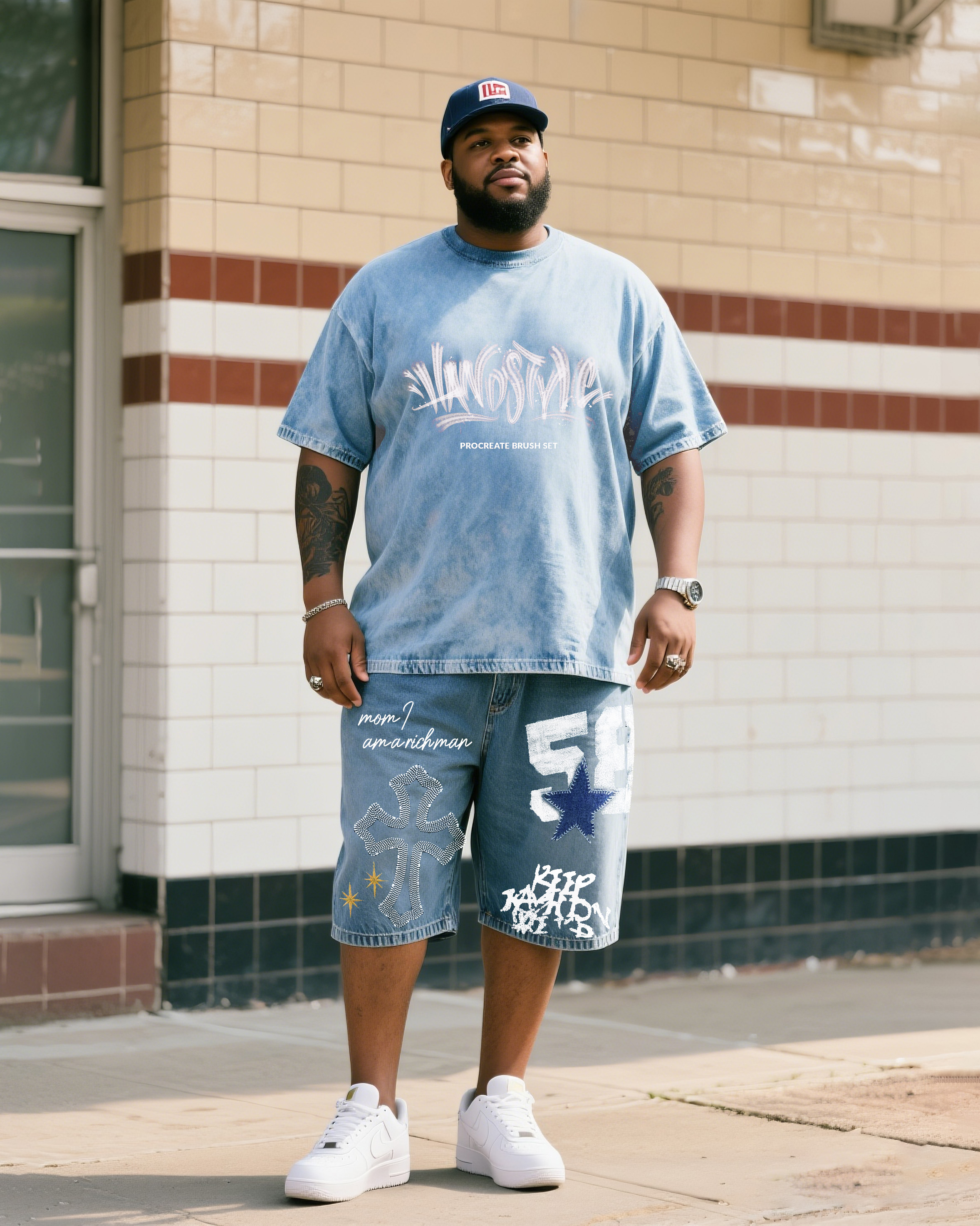 Big Shit Fashion Street Printed Short Sleeve Shorts Denim Suit