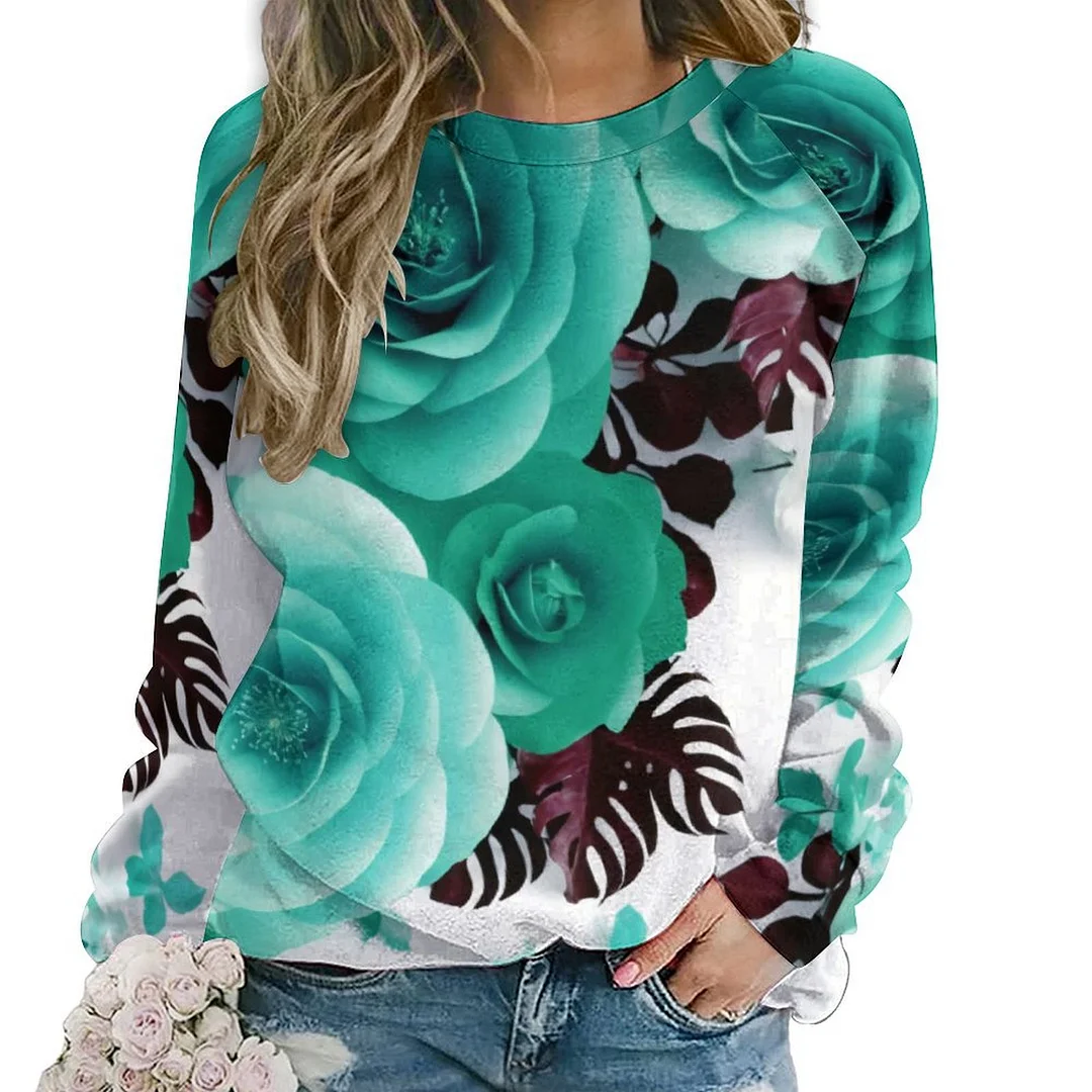 Printed Long Sleeve Casual Sweatshirt for  Women and Men Unisex Pattern Turquoise, Floral, Green, Rose