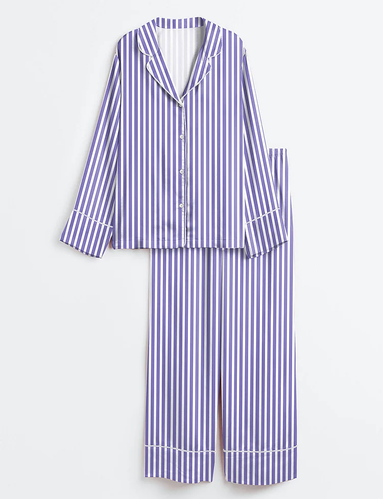 Women&rsquo;s Blue Stripes Long Sleeve Satin Pajama Set