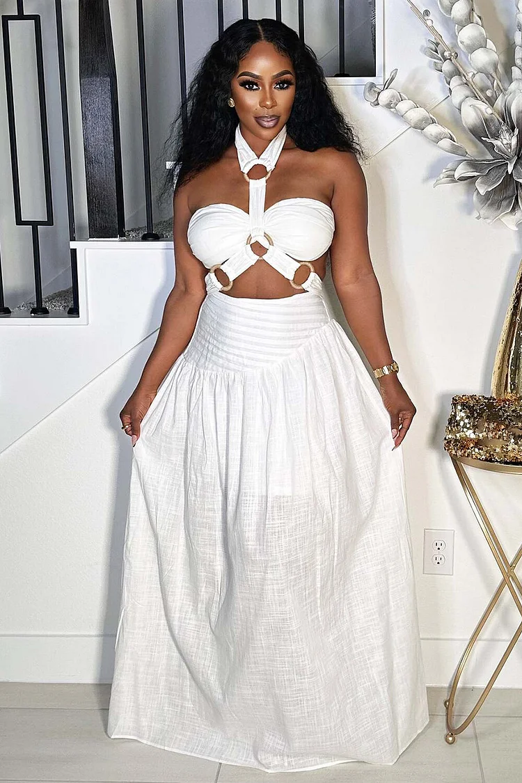 Halter O-Ring Patchwork Crop Top Semi-Fitted Maxi Skirt 2pcs Set-White