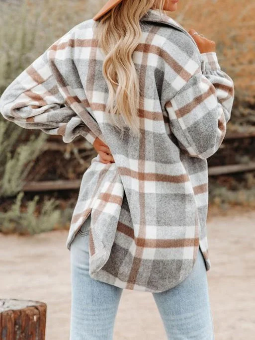 Women's Long Sleeve V-neck Plaid Graphic Printed Coats