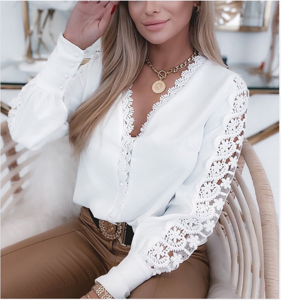 wsevypo Office Lady Lace Hook Flower Hollow Sleeve Casual Shirts Women Long Sleeve V Neck Tops Spring Autumn Vintage White Tops