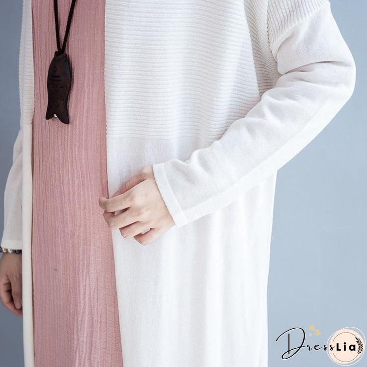 White woolen knit cardigan long knitted coat outwear
