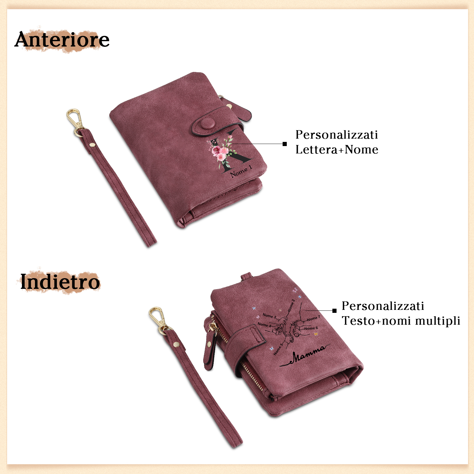 Portafoglio mano nella mano in PU pelle con 7 nomi & 1 testo & 1 lettera personalizzati per mamma