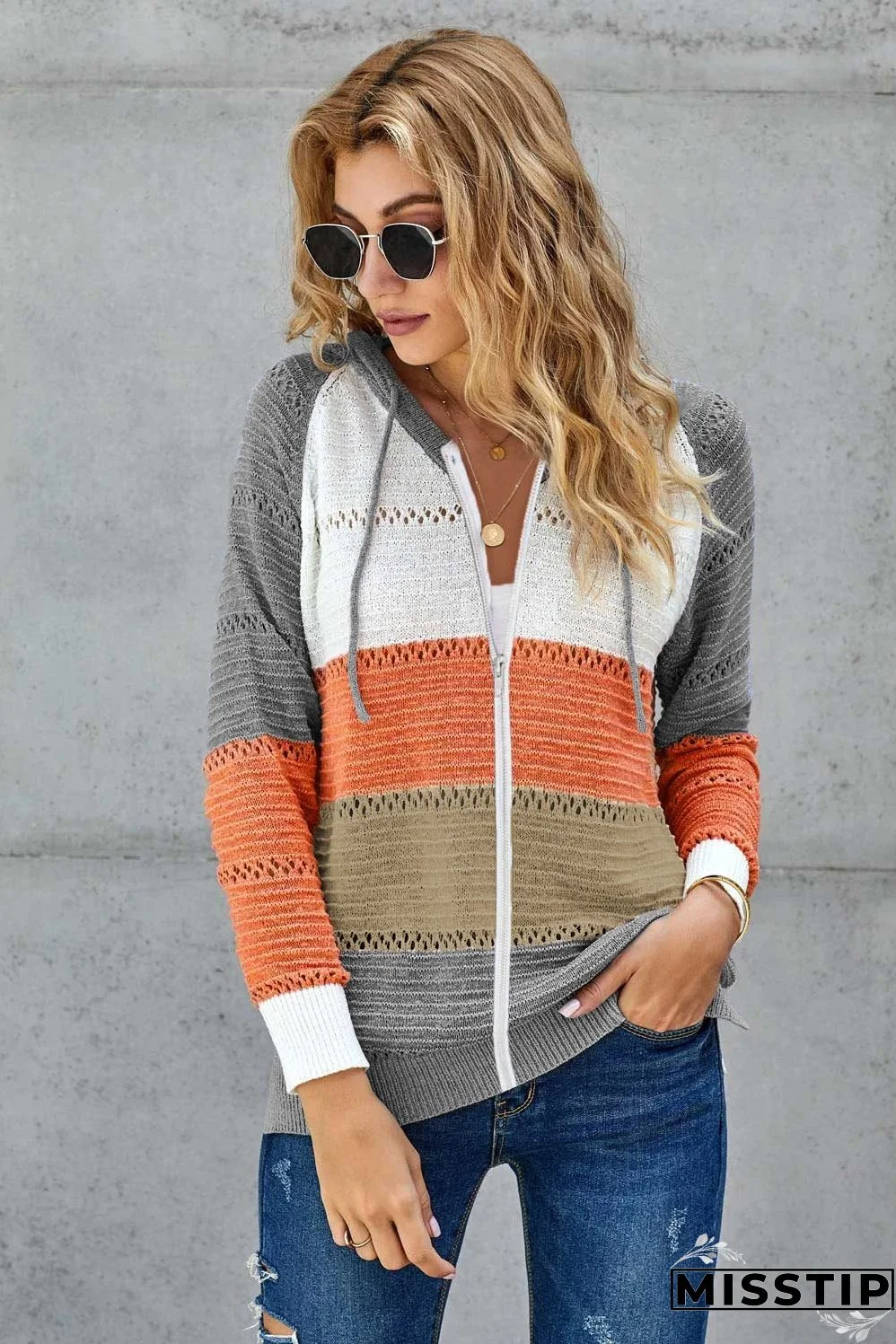 Womens Zipped Front Gray Colorblock Hollow-out Knit Hoodie