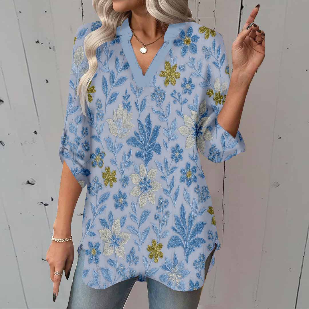 Women Floral, Blue DZGA0207 3/4 Sleeve V-neck Printed Graphic Button Tops