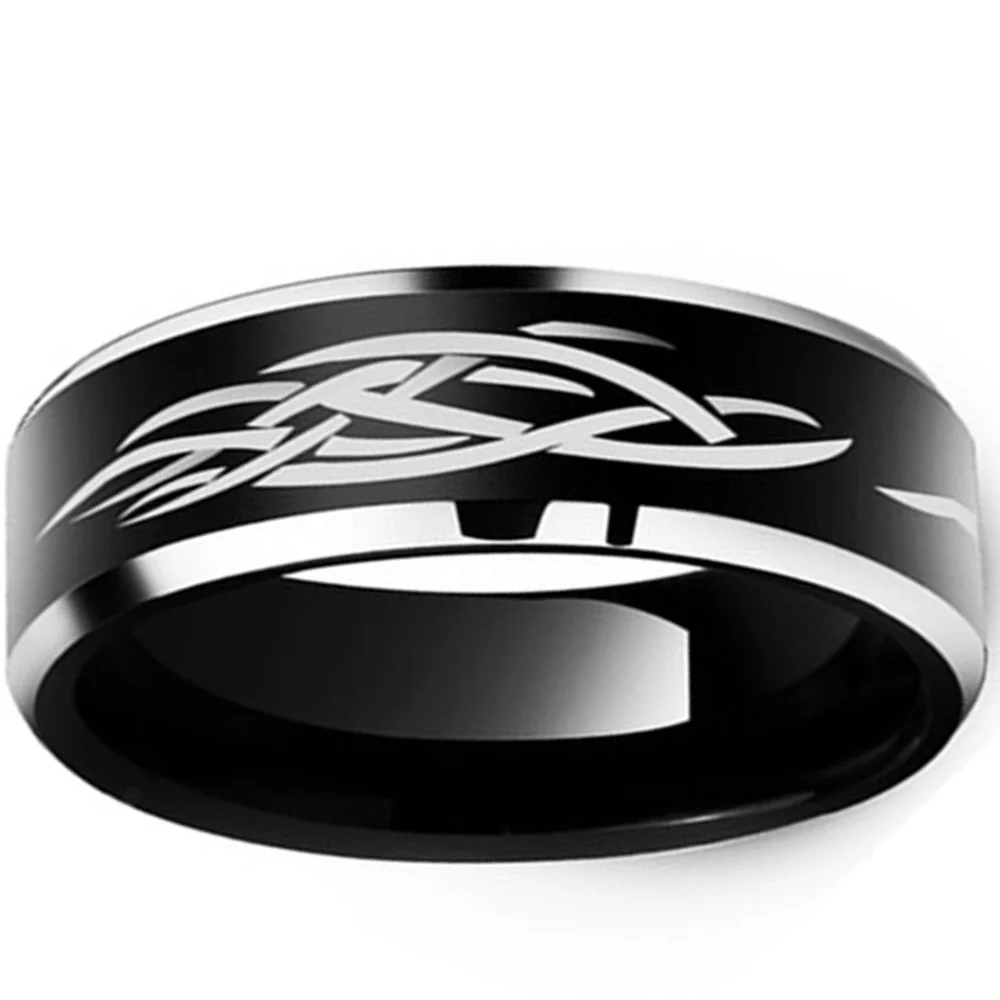 8MM Black Tungsten Carbide Wedding Band Ring Flame Pattern Laser