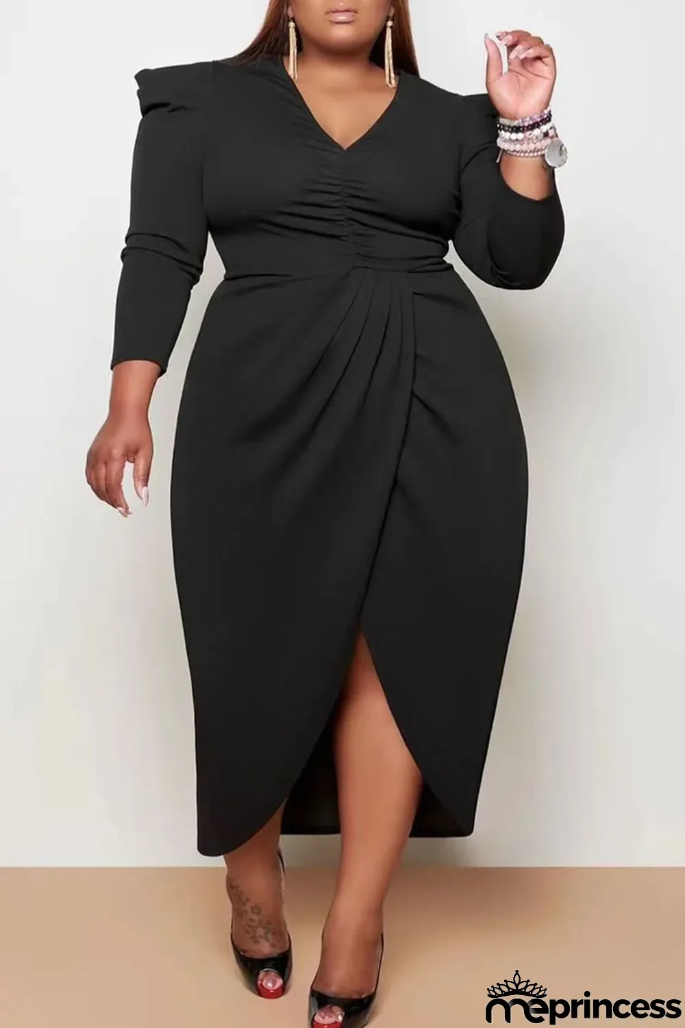 Rose Red Casual Solid Patchwork Fold Asymmetrical V Neck Princess Plus Size Dresses