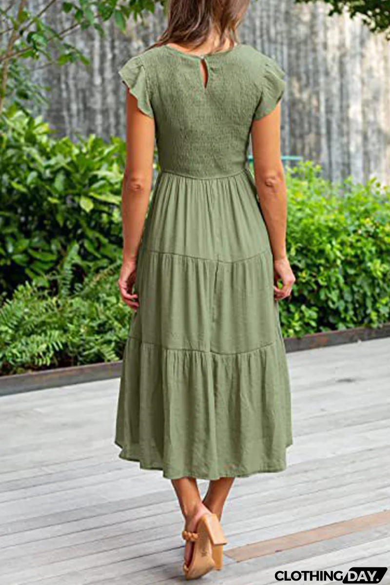 Fashion Solid Flounce O Neck Cake Skirt Dresses（9 colors）