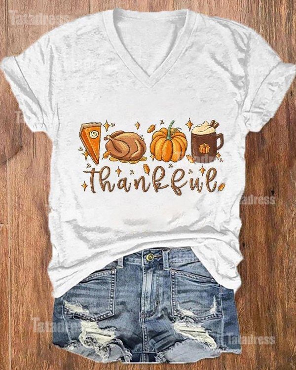 Women's Thankful Pumpkin Pie Thanksgiving Bible Turkey Leaves Fall Autumn Casual V-Neck Tee