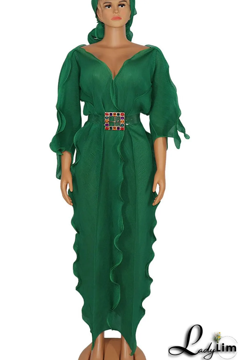 Green Elegant Solid Patchwork Flounce With Belt V Neck One Step Skirt Dresses