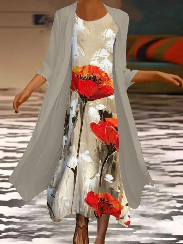 Women's Floral Print Two Piece Vintage Casual Dress