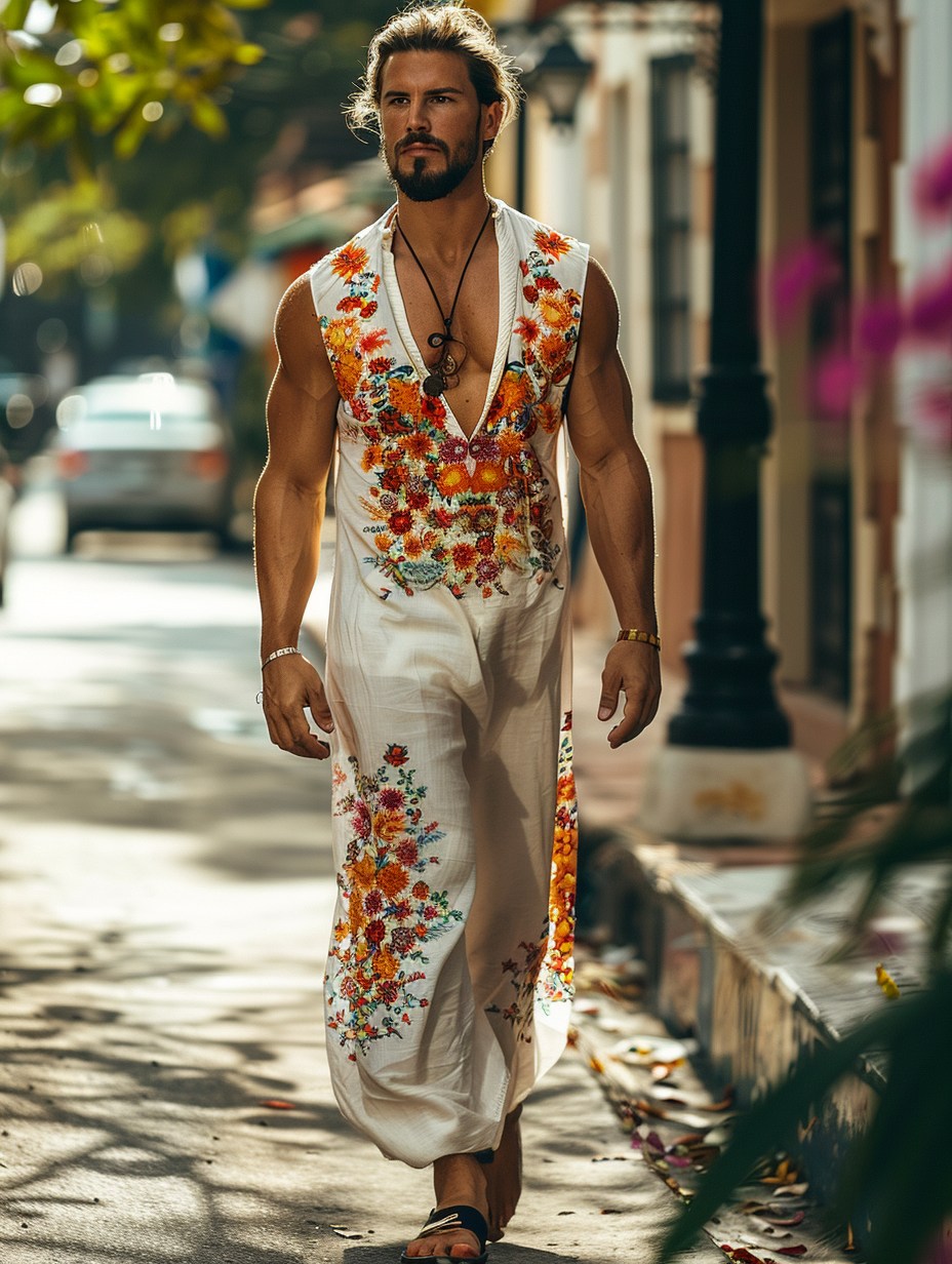 White flowers Men Cotton Kaftan Long Caftan