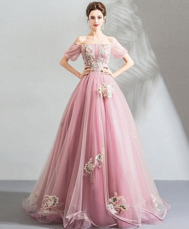 Pink Tulle Off Shoulder Lace Long Prom Dress , Pink Evening Dress