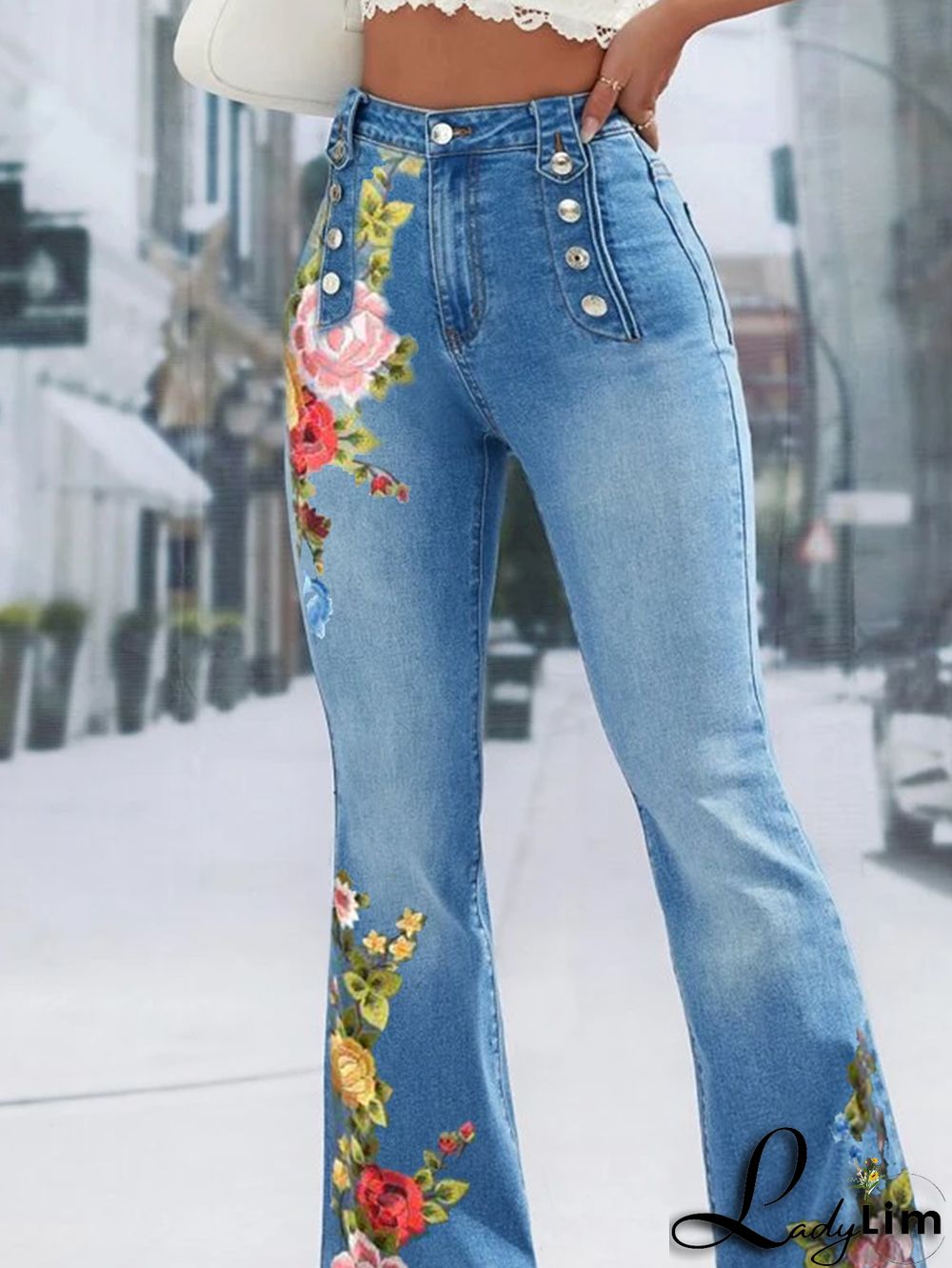 UR Daily Floral Embroidery Denim High Waist Button Design Jeans