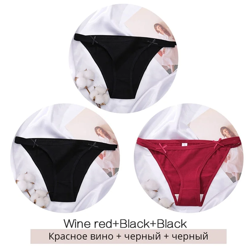 FINETOO M-2XL Bow Cotton Panties 3Pcs/set Women Briefs Girls Plus Size Underpants Low-rise Hollow Underwear Female Lingerie 2021