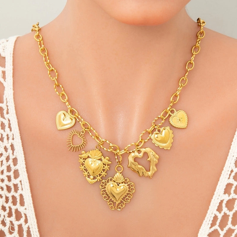 Elegant Classic Style Streetwear Heart Shape 304 Stainless Steel Plating Multi Charms Necklace