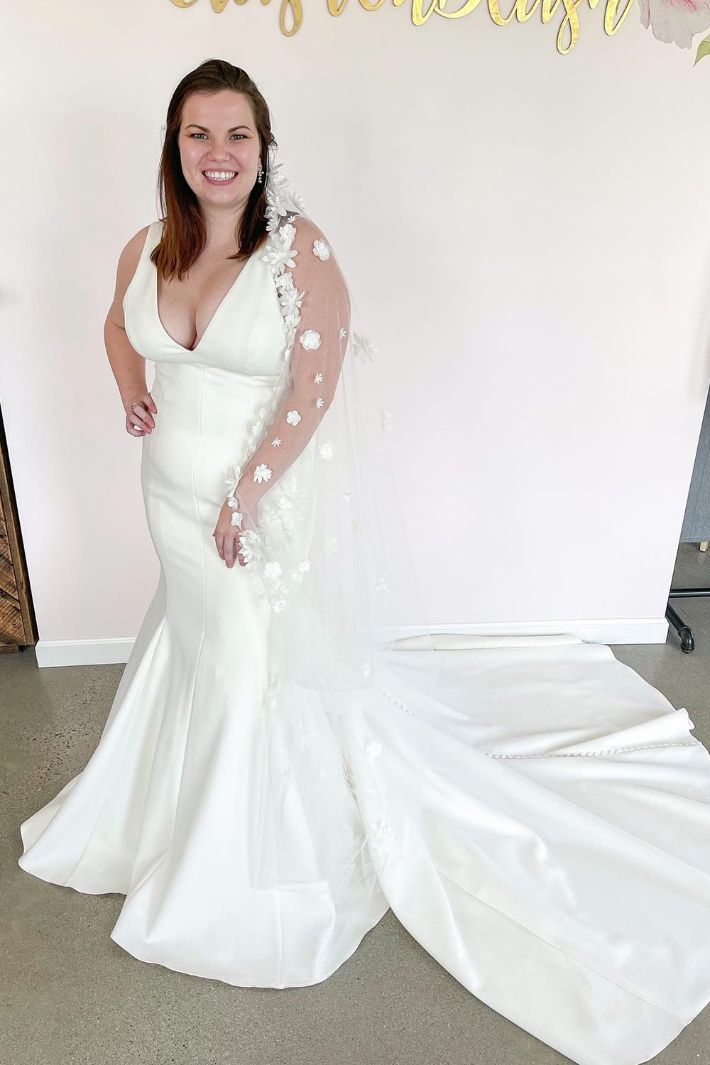 Modest Floor-length Mermaid Deep V-neck Wedding Dress With Open Back Wide Straps | Ballbellas Ballbellas