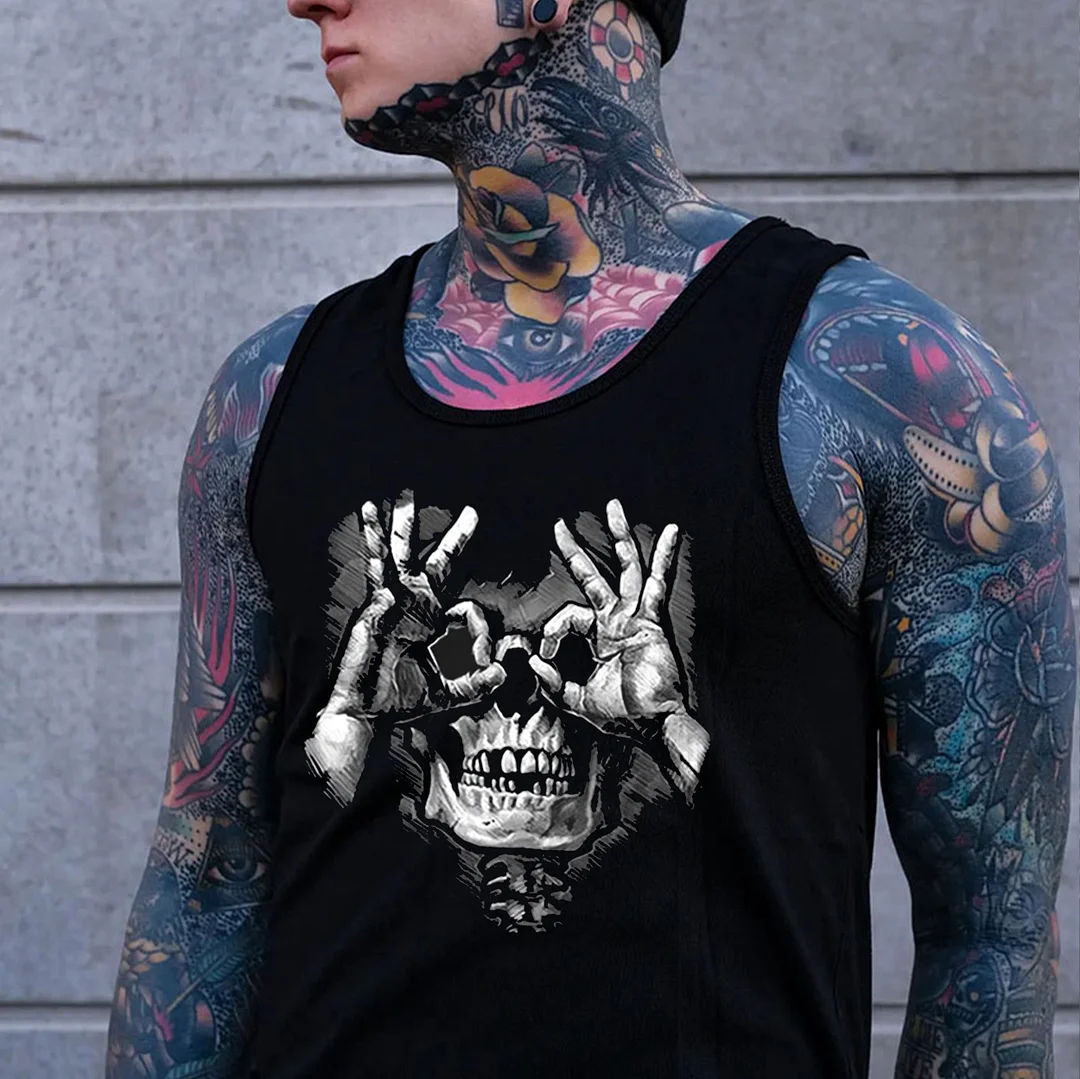Funny Skull with OK Gesture Graphic Black Print Vest