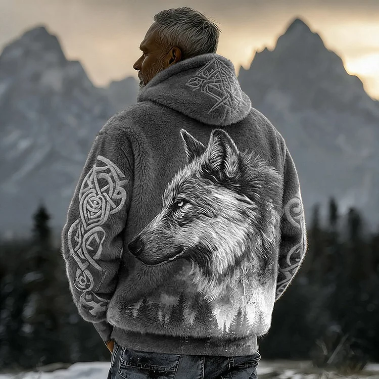 Men's Viking Vintage Wolf Celtic Gradient Flannel Warm Hoodie