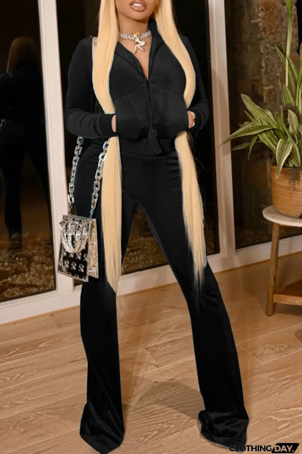 Blue Casual Solid Split Joint O Neck Long Sleeve Two Pieces