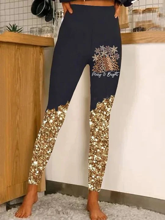 Gold Color Block Print Women's Slim Leggings