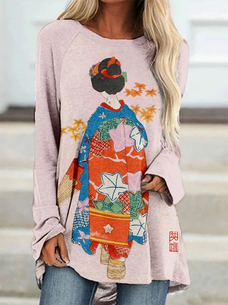 Comstylish Maple Leaf & Japanese Woman Art A Line T Shirt