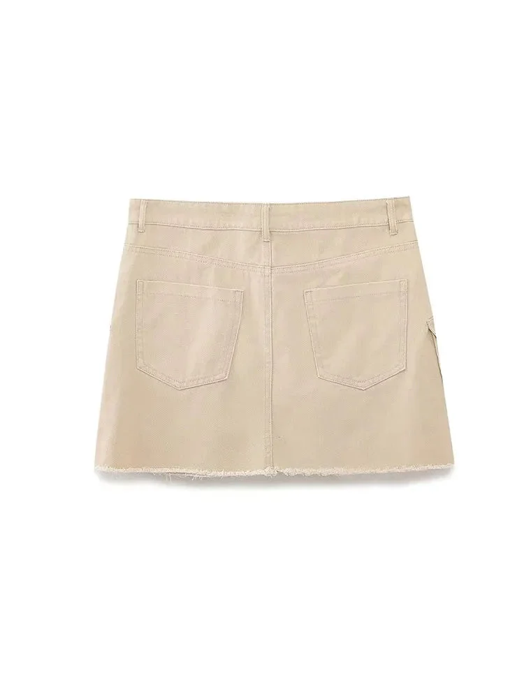 Nncharge TRAF 2023 Women Safari Style Pocket Patch Denim Mini Skirt Faldas Mujer Office Lady Chic Zipper Fly Slim Vestidos
