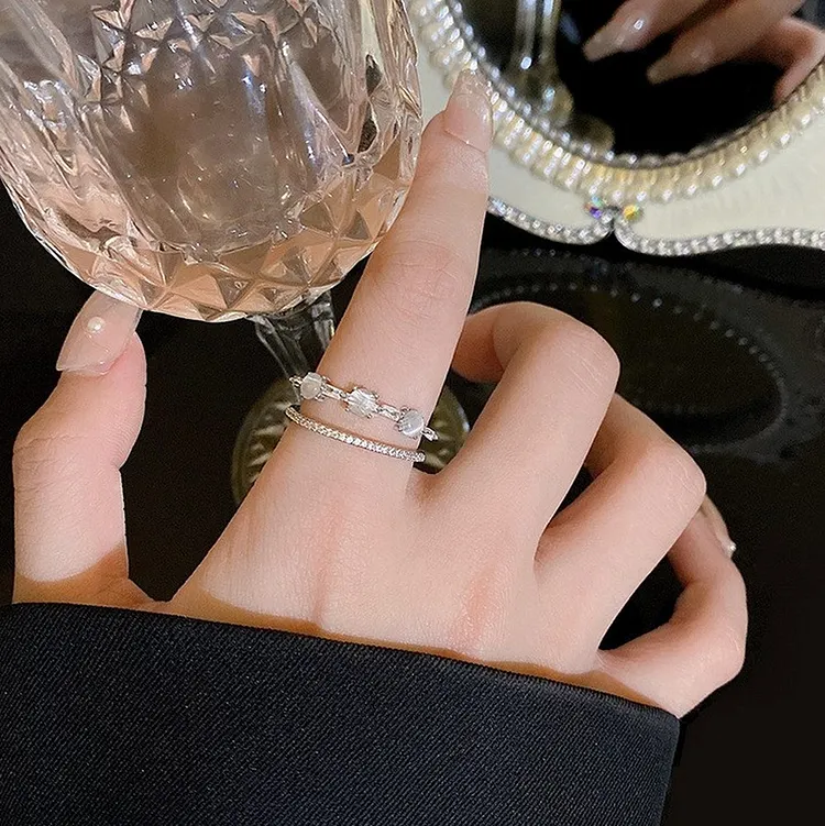 Adjustable Open Ring with Double Layer Hollow Design and Zirconia