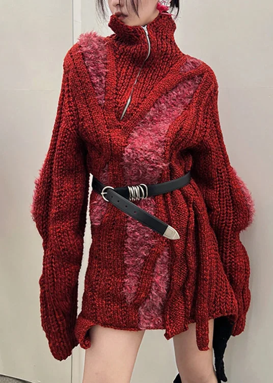 Loose Red Turtleneck Zippered Sashes Thick Knit Sweater
