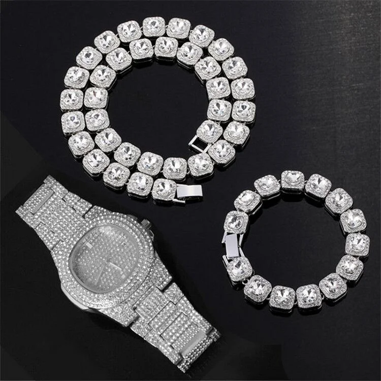 3pcs Iced Out Watch+Tennis Chain Necklace+Bracelet Hip Hop 12MM Jewelry Set-VESSFUL