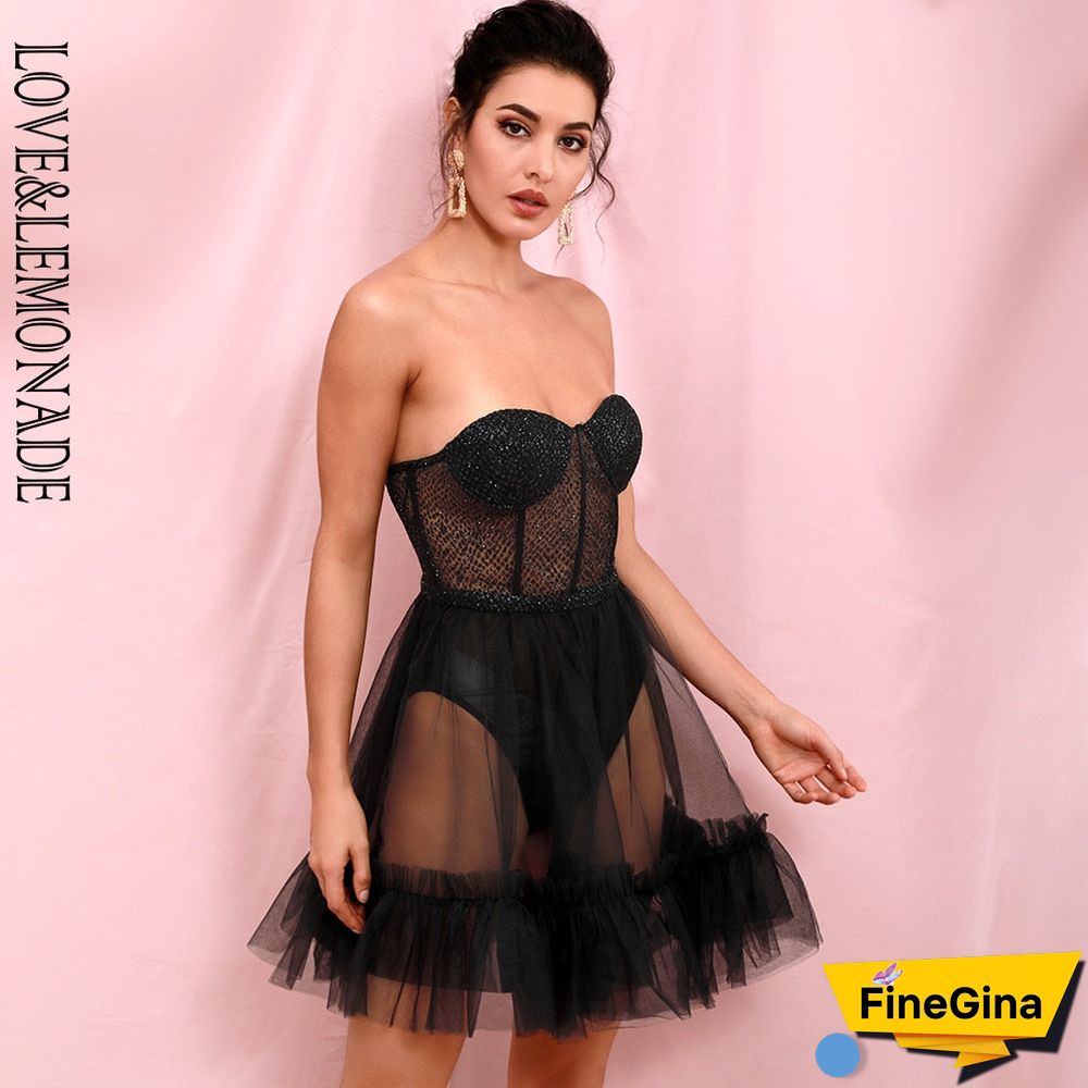 Black Sexy Tube Top Perspective Mesh Fluffy Shape Glitter Glued Party Mini Dress LM82353