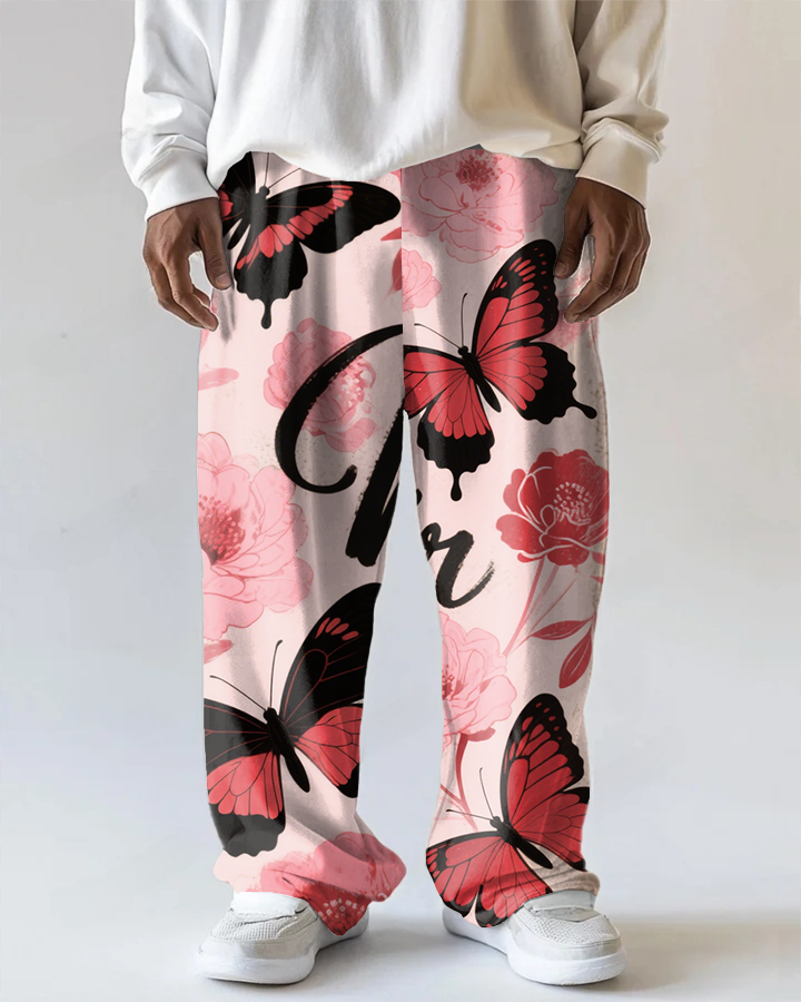 Big Men's Retro Romantic Butterfly Flower Printed Loose Casual Pants with Pocket