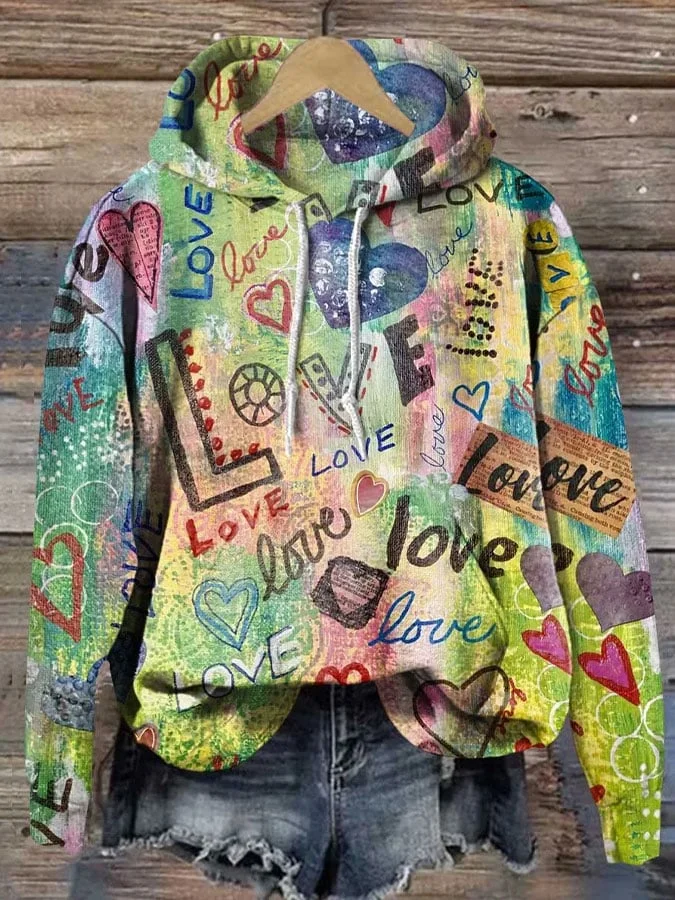 Women's Valentine's Day Hearts Printed Hooded Sweatshirt
